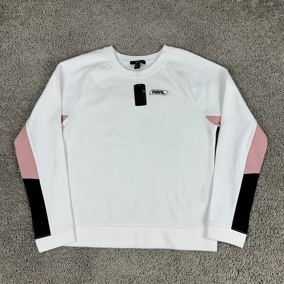 Forever 21 Sweatshirt Womens Large White Pink Black REAL Long Sleeve Crewneck - Picture 1 of 13